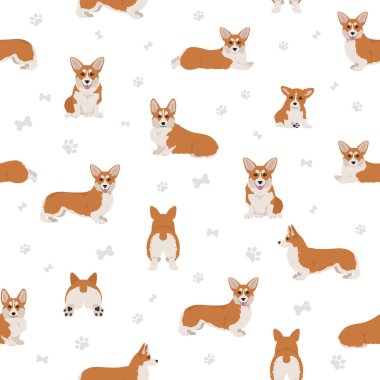Galli Corgi Pembroke kusursuz desen. Farklı pozlar, farklı renkler. Vektör illüstrasyonu