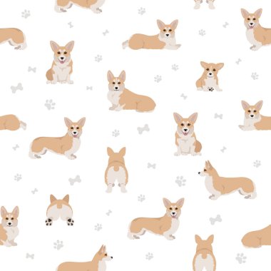 Galli Corgi Pembroke kusursuz desen. Farklı pozlar, farklı renkler. Vektör illüstrasyonu