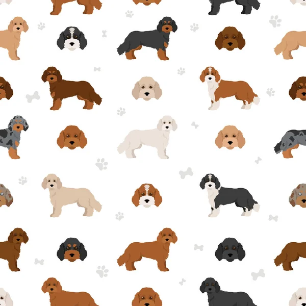 Cockapoo Mix Breed Seamless Pattern Different Poses Coat Colors Set — Stock Vector