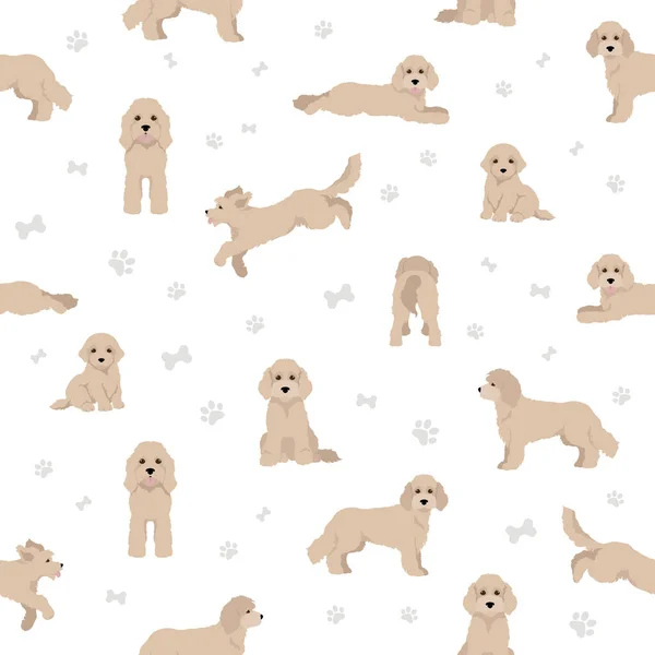 Cockapoo Mix Breed Seamless Pattern Different Poses Coat Colors Set — Stock Vector