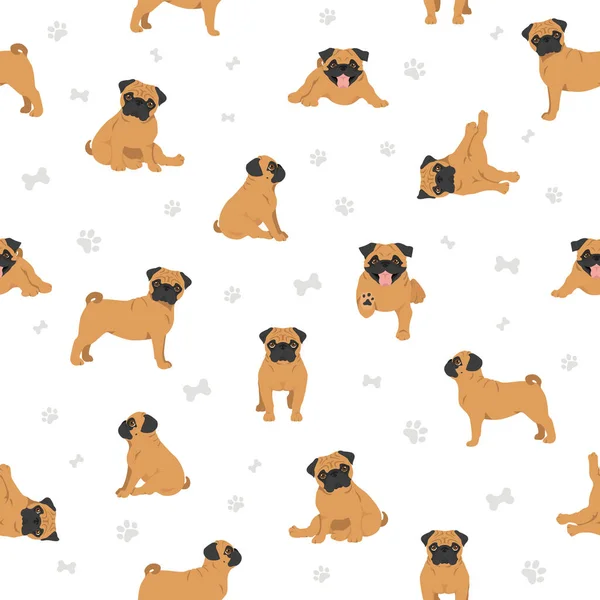 Pug Seamless Pattern Different Poses Coat Colors Set Vector Illustration — Stock Vector
