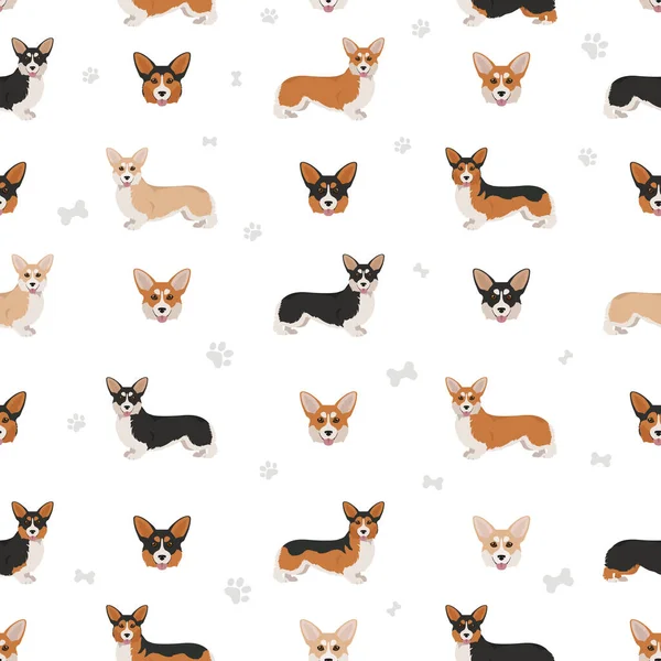 Gales Corgi Pembroke Patrón Sin Costuras Distintas Poses Colores Del — Vector de stock