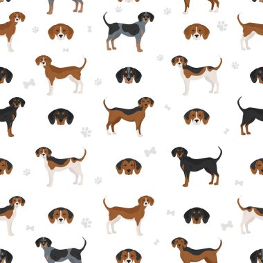 Amerikan foxhound tüm renksiz desen. Farklı ceket renkleri. Vektör illüstrasyonu