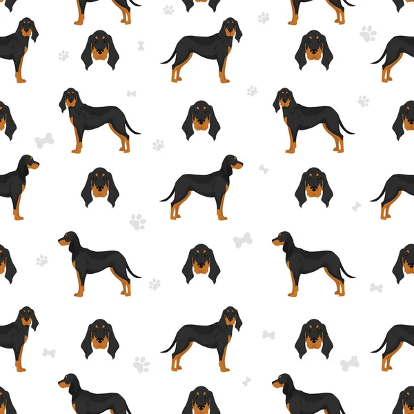 Black Tan Coonhound Seamless Pattern Different Coat Colors Poses Set — Stock vektor