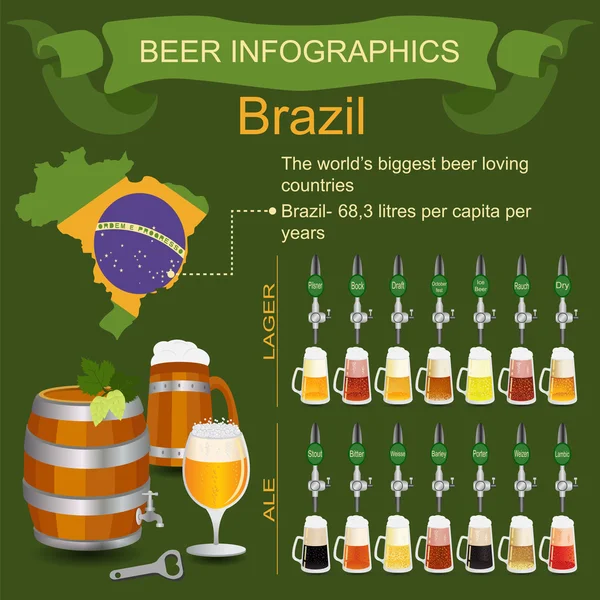 Infografia berii. Cea mai mare țară iubitoare de bere din lume - Bra — Vector de stoc