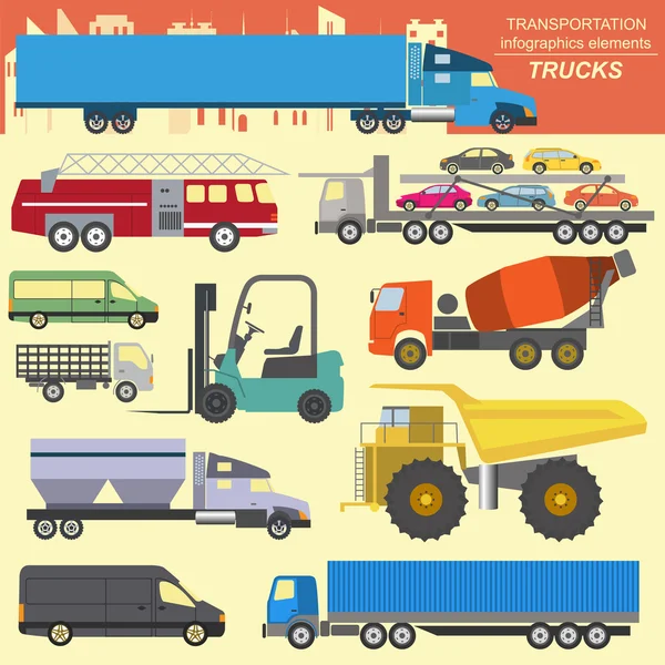 Ensemble d'éléments de transport de marchandises : camions, camions pour la création — Image vectorielle