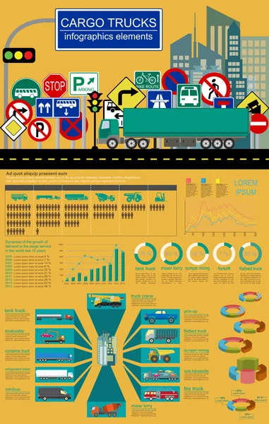 Infografías de transporte de carga, camiones, camiones. Elementos infog — Vector de stock