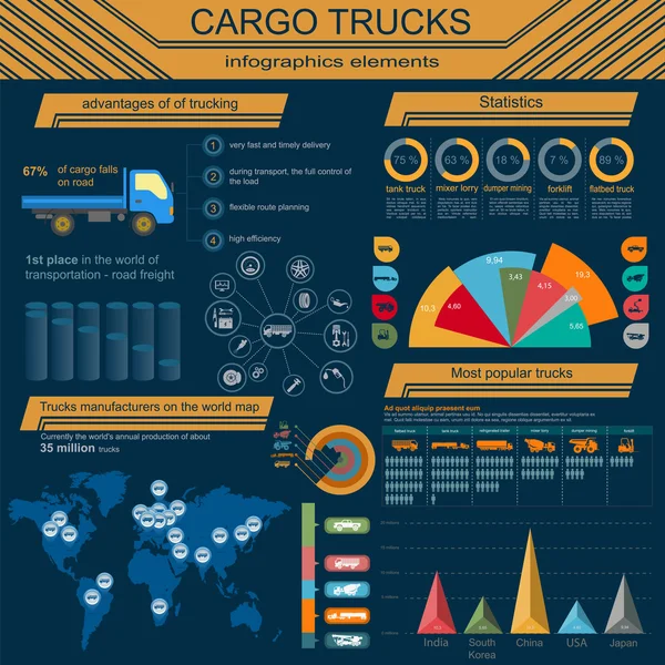 Infografiki Transport ładunków, samochodów ciężarowych, samochód ciężarowy. elementy infog — Wektor stockowy