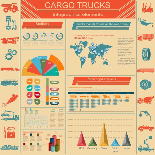 Cargo vervoer infographics, vrachtwagens, vrachtwagen. elementen infog — Stockvector