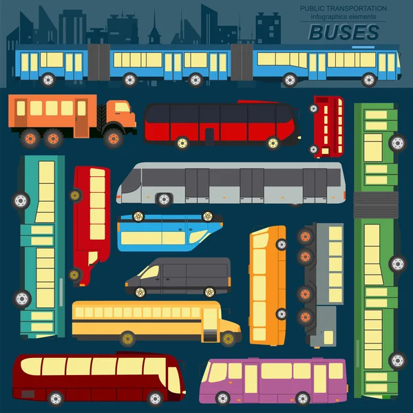 Transporte público, autobuses. Establecer elementos infografías — Vector de stock