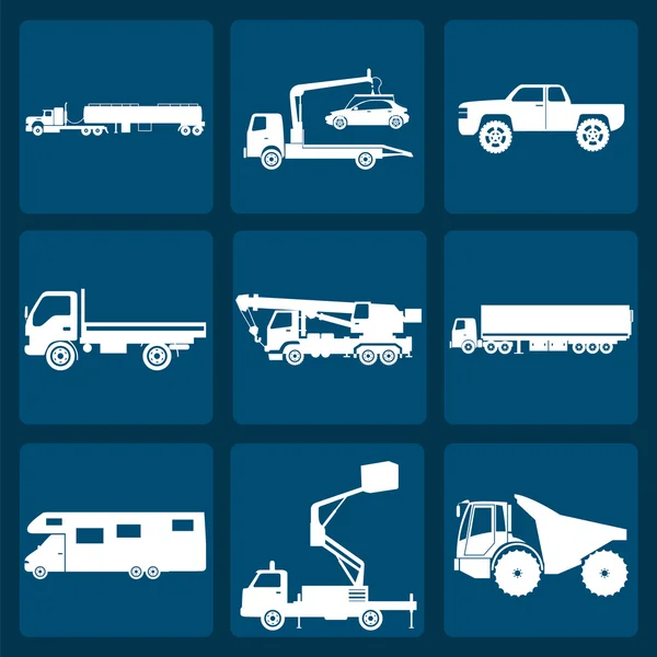 Set of nine icons of trucks — Stock Vector