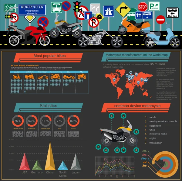 Conjunto de elementos motocicletas, infografías de transporte — Archivo Imágenes Vectoriales