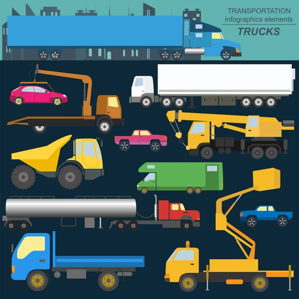 Ensemble d'éléments de transport de marchandises : camions, camions pour la création — Image vectorielle