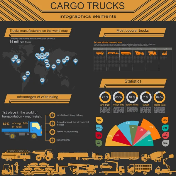 Cargo transportation infographics, trucks, lorry. Elements infog — Stock Vector