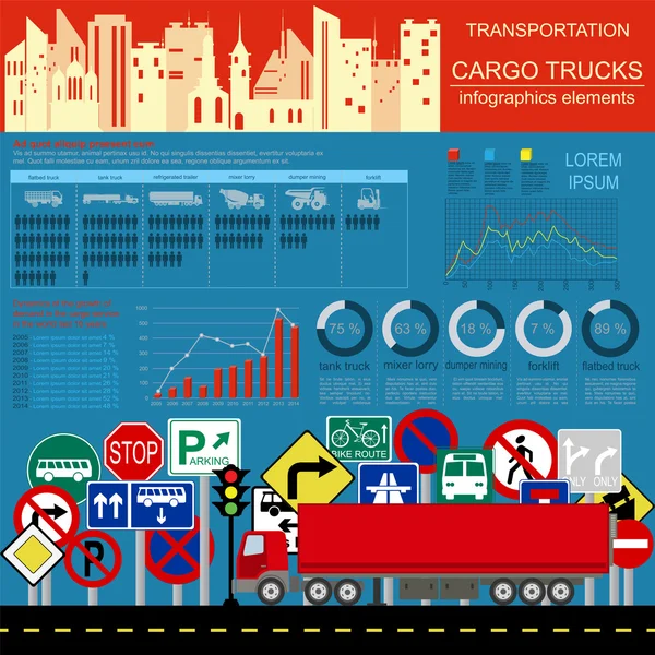 Infografías de transporte de carga, camiones, camiones. Elementos infog — Vector de stock