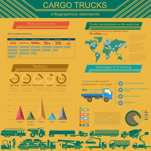 Cargo transportation infographics, trucks, lorry. Elements infog — Stock Vector