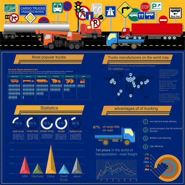 Cargo vervoer infographics, vrachtwagens, vrachtwagen. elementen infog — Stockvector