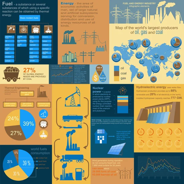 Infográfico da indústria de combustível e energia, elementos de conjunto para criar — Vetor de Stock