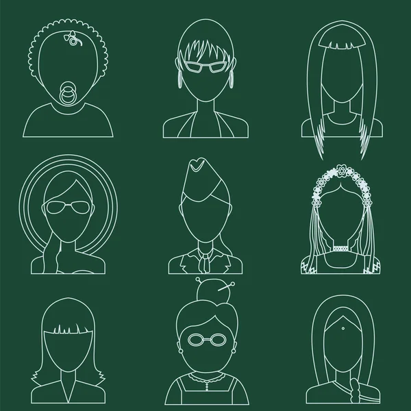 Set van vlakke stijl vrouwelijke personages — Stockvector