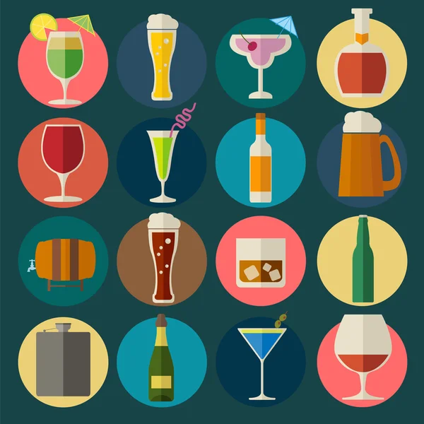 Alcohol drinks icons. 16 flat icons set — Stock Vector