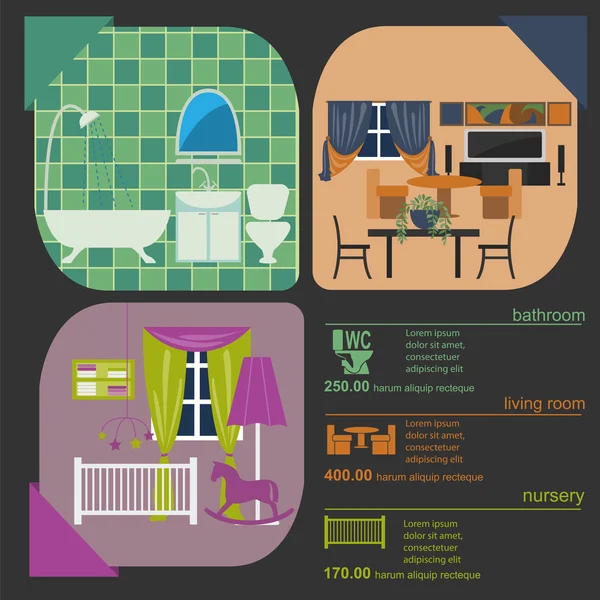 Infographie sur le remodelage des maisons. Définir les éléments intérieurs pour créer — Image vectorielle