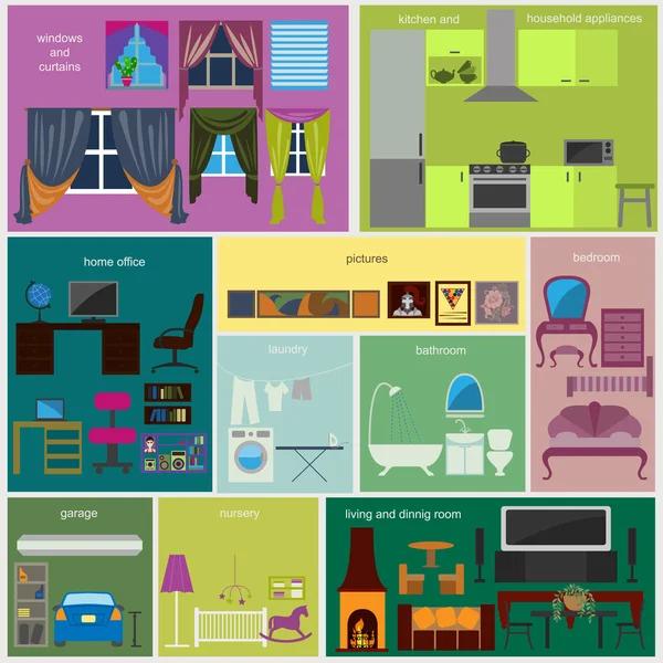 Infographie sur le remodelage des maisons. Définir les éléments intérieurs pour créer — Image vectorielle