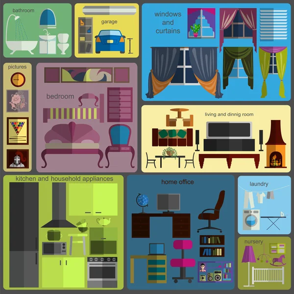 Casa de remodelación infográfica. Set de elementos interiores planos para cre — Archivo Imágenes Vectoriales
