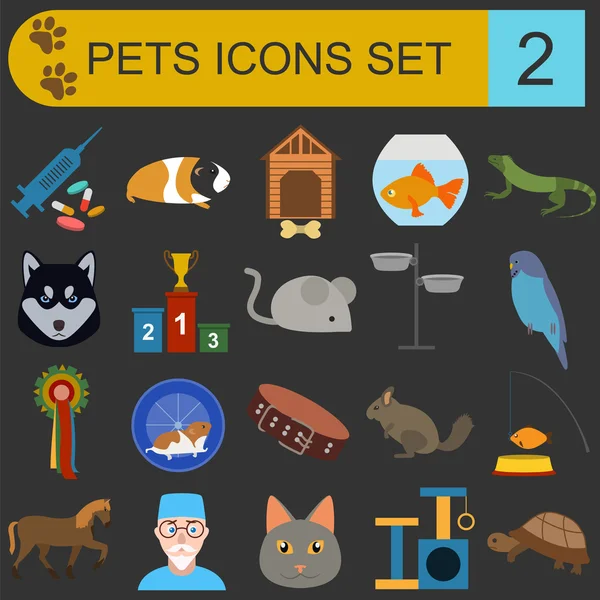 Conjunto de iconos planos para mascotas domésticas y veterinaria — Vector de stock