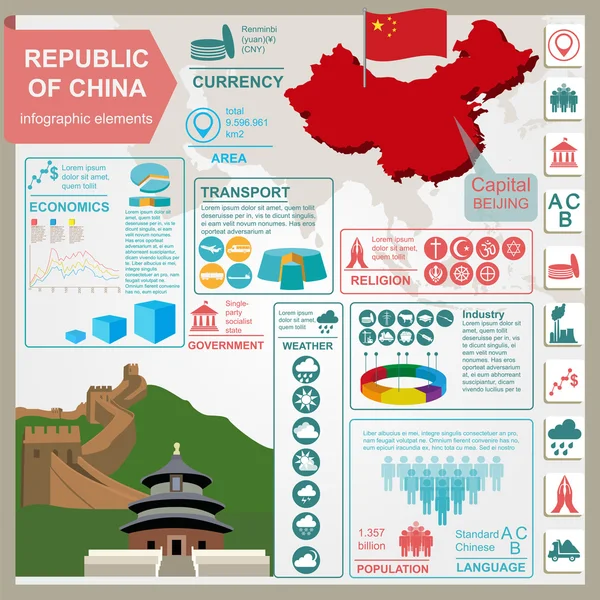 Republika Číny infografiky, statistické údaje, památky — Stockový vektor