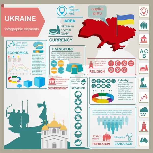 Ucraina infografica, dati statistici, luoghi d'interesse. Illustrazione vettoriale — Vettoriale Stock