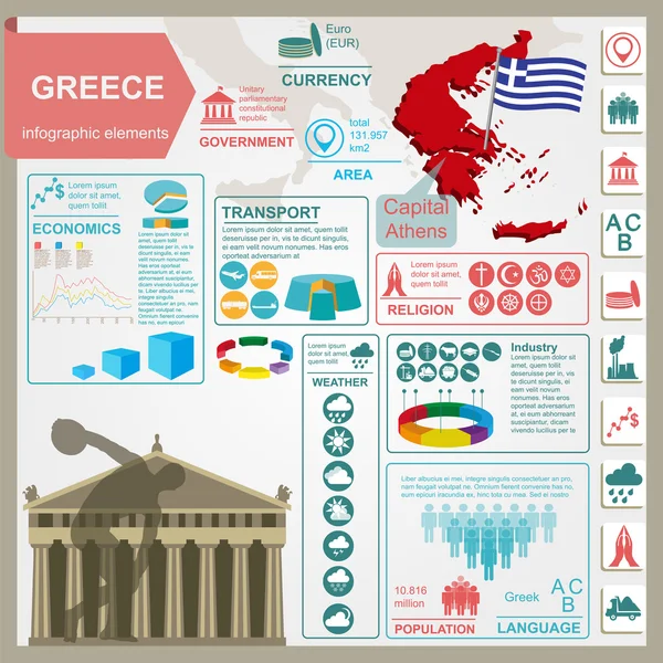 Řecko infografiky, statistické údaje, památky. Vektorové ilustrace — Stockový vektor