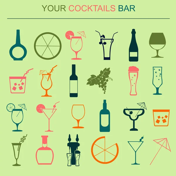 Alcohol drinks icons. 16 flat icons set. Vector illustration — Stock Vector