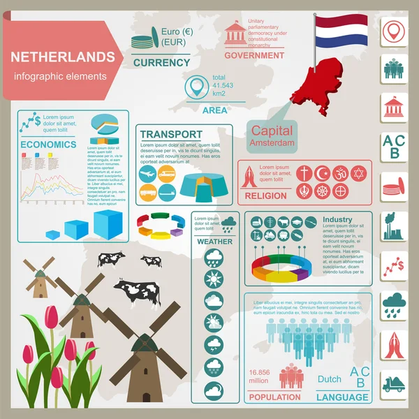 Hollanda infographics, istatistiksel veri, manzaraları. — Stok Vektör