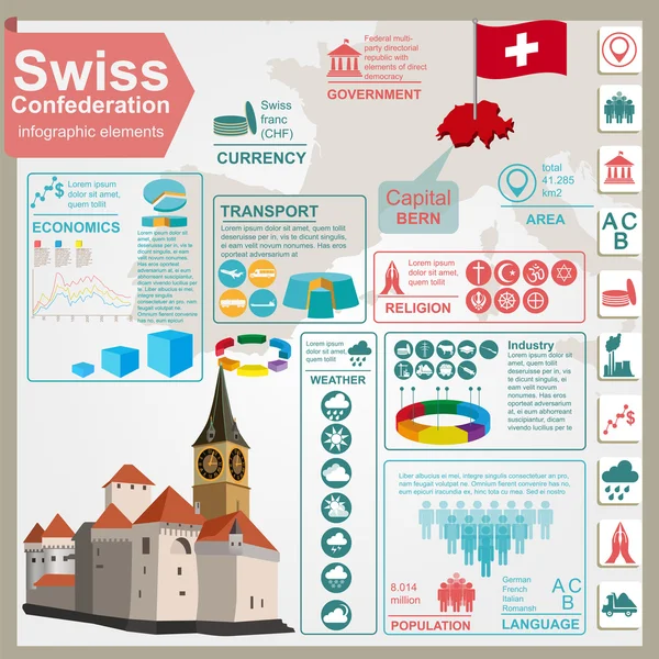 Zwitserland infographics, statistische gegevens, bezienswaardigheden — Stockvector