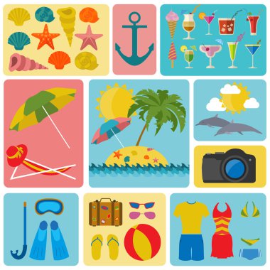 Seyahat. Tatil. Beach resort Icons set. Öğeleri oluşturmak için