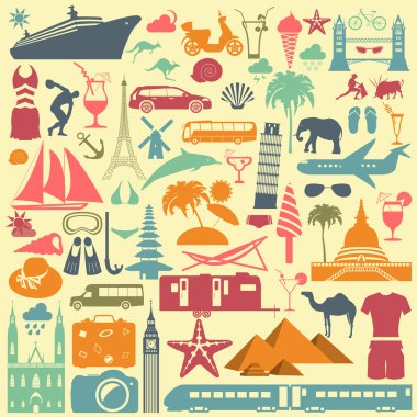 Seyahat. Tatil. Beach resort Icons set. Öğeleri oluşturmak için
