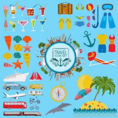 Seyahat. Tatil. Beach resort Icons set. Öğeleri oluşturmak için