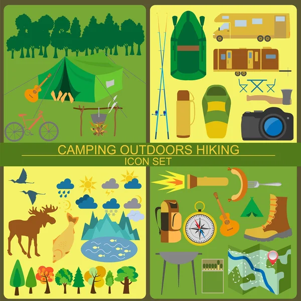 Ställa in camping ikon, vandring, utomhus — Stock vektor