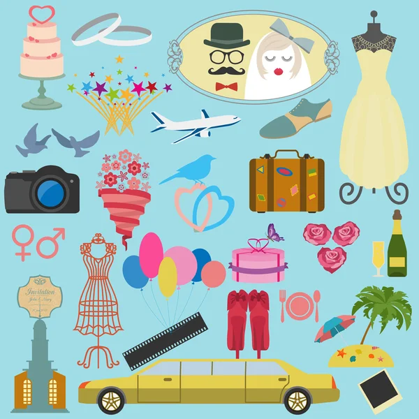 Set of vintage wedding, fashion style and travel elements icons — Stock Vector