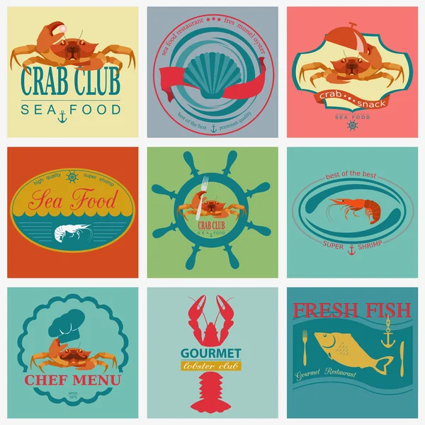 Set of vintage sea food logos. Vector logo templates and badges — Stock Vector