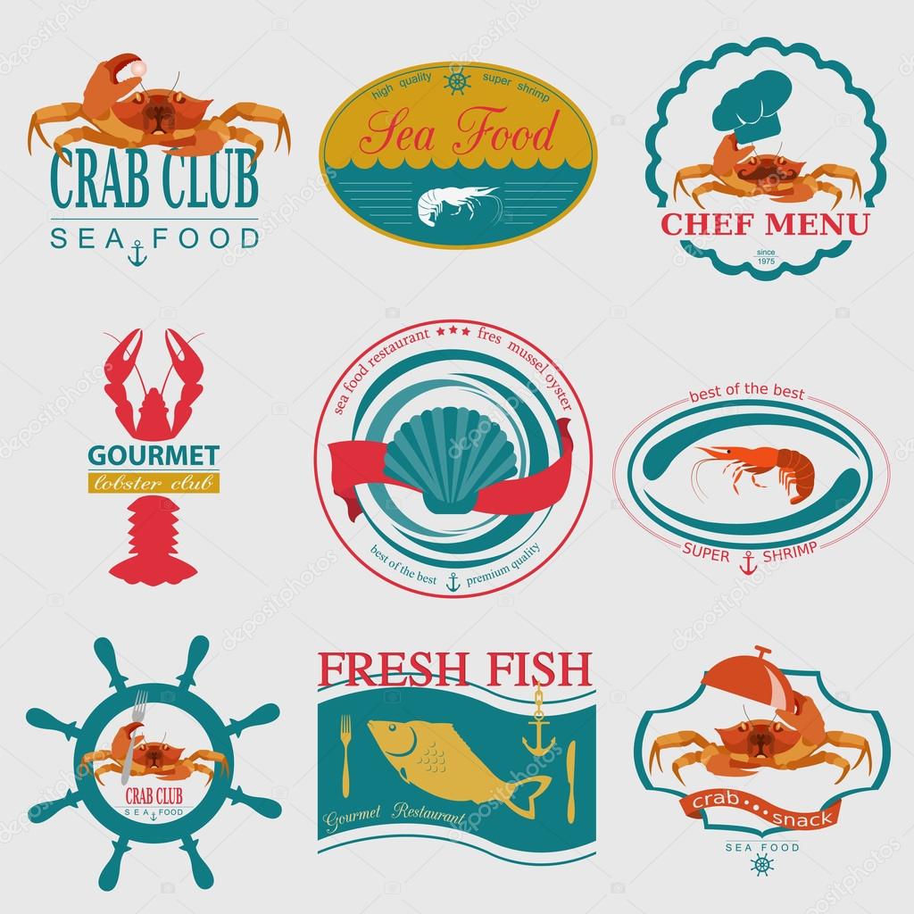 Set of vintage sea food logos. Vector logo templates and badges