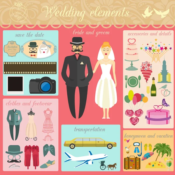 设置的复古婚礼，时尚的风格和旅行信息图表 ele — 图库矢量图片