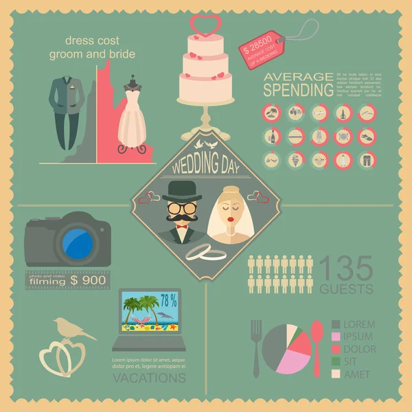 Vintage düğünü, moda stil ayarlamak ve Infographic YYK seyahat — Stok Vektör