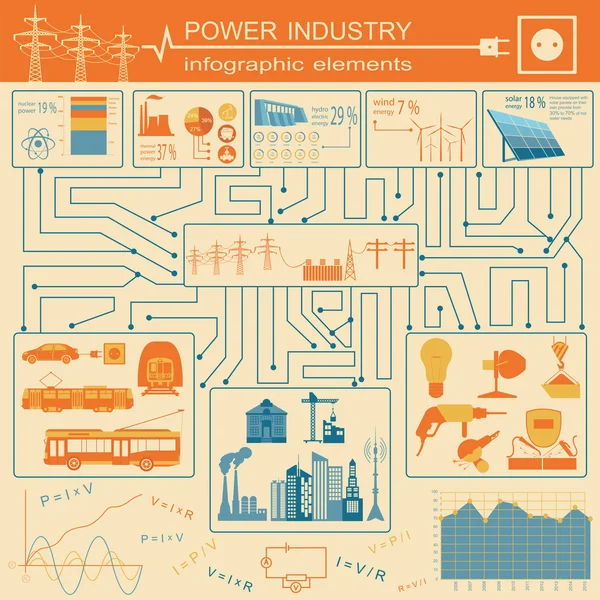 電力エネルギー産業インフォ グラフィック、発電システム、設定、独自のインフォ グラフィックを作成するための要素 — ストックベクタ