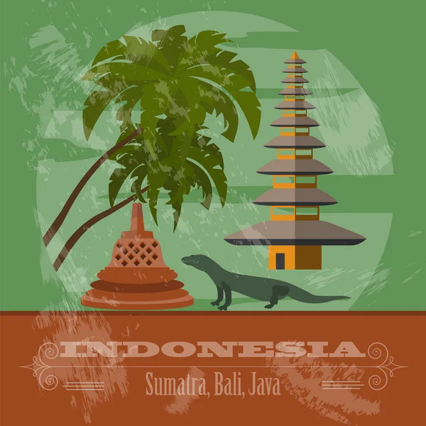 Indonesia puntos de referencia. Imagen de estilo retro — Archivo Imágenes Vectoriales