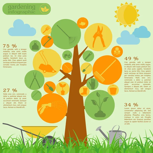 Elementos infográficos del trabajo de jardín. Juego de herramientas de trabajo . — Archivo Imágenes Vectoriales