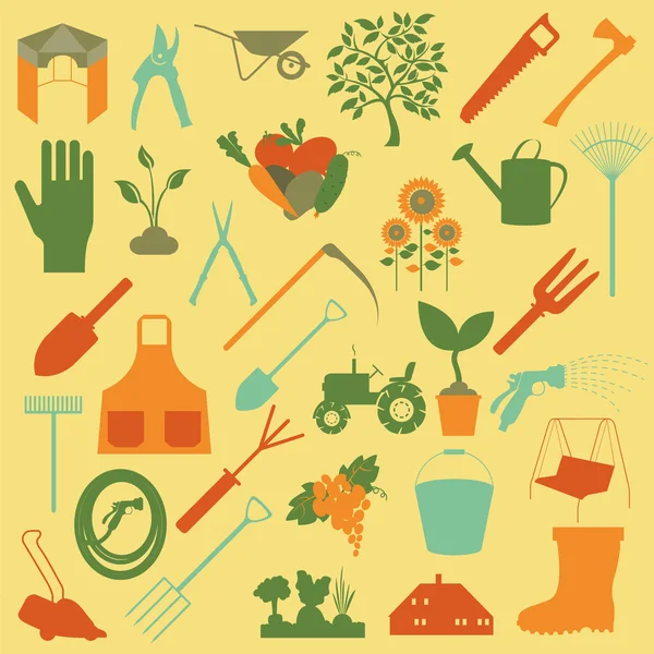 Jardín icono de trabajo conjunto. Herramientas de trabajo — Vector de stock