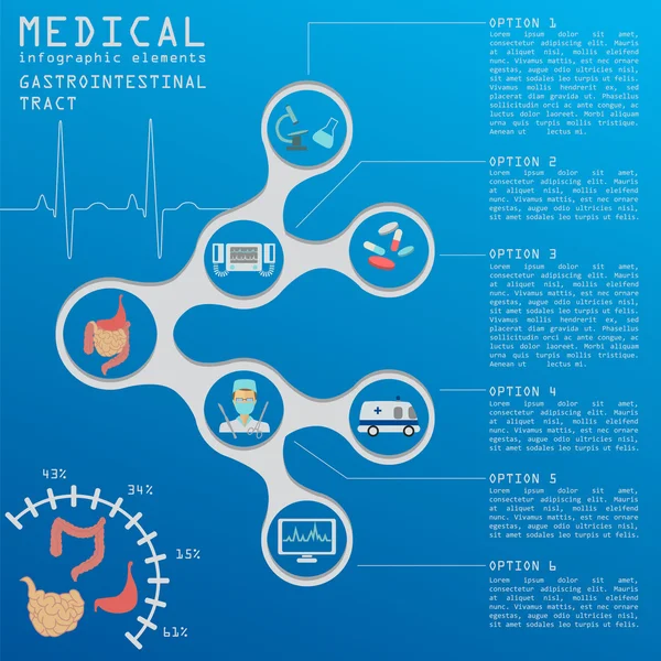 Infografía médica y sanitaria, infografía del tracto gastrointestinal — Vector de stock