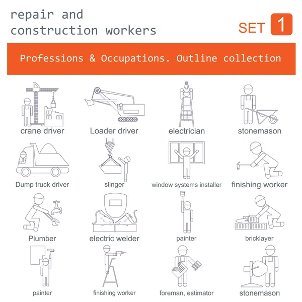 Profesiones y ocupaciones resumen conjunto de iconos. Reparación y restricción — Vector de stock