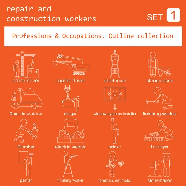 Profesiones y ocupaciones resumen conjunto de iconos. Reparación y restricción — Vector de stock